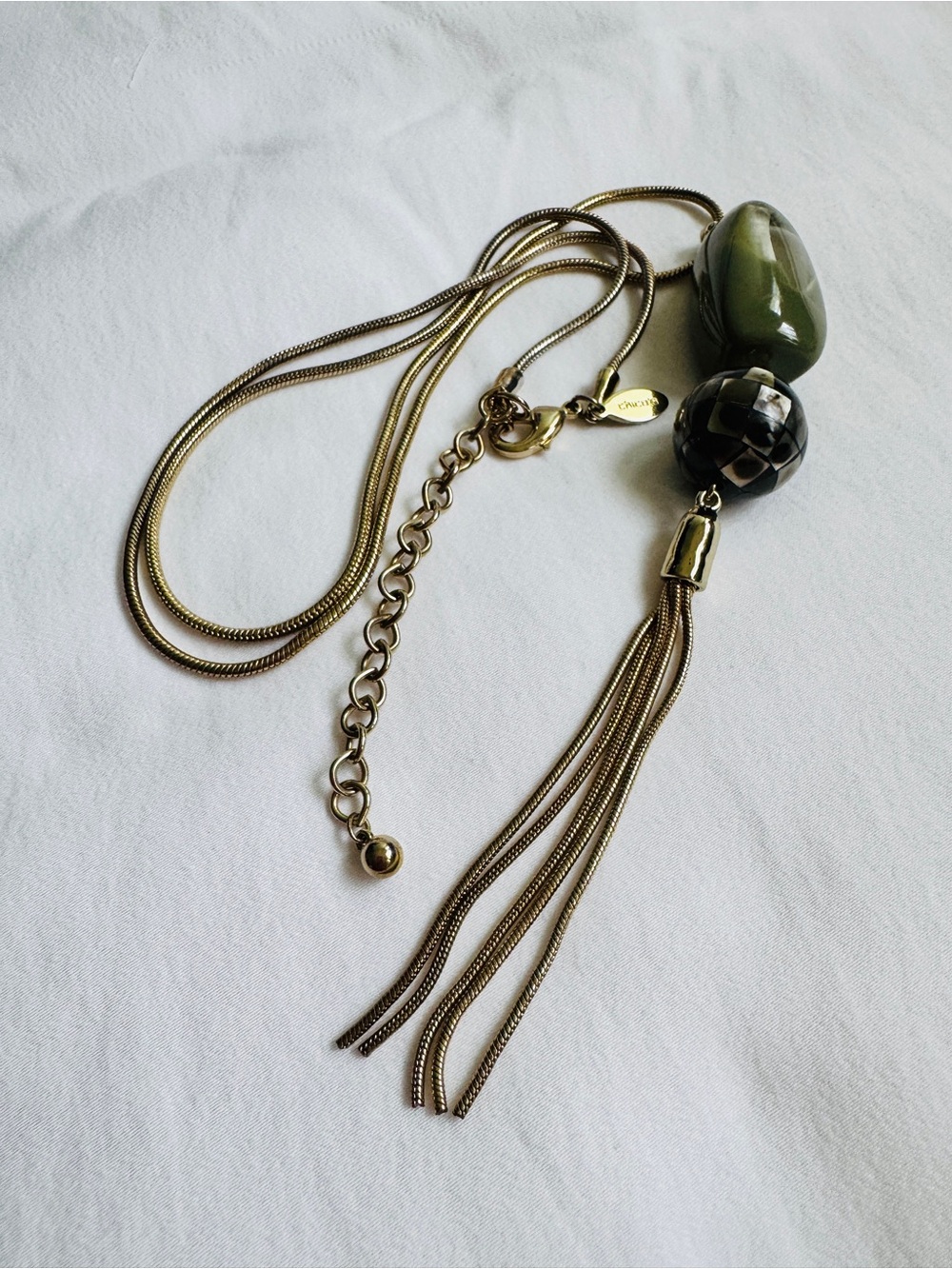 CHICO’S Necklace Gold & Green Alabaster Lucite  Pendant Gold Chain Tassles NWOT